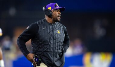 Jan 13, 2025; Glendale, AZ, USA; Minnesota Vikings defensive coordinator Brian Flores against the Los Angeles Rams during an NFC wild card game at State Farm Stadium.