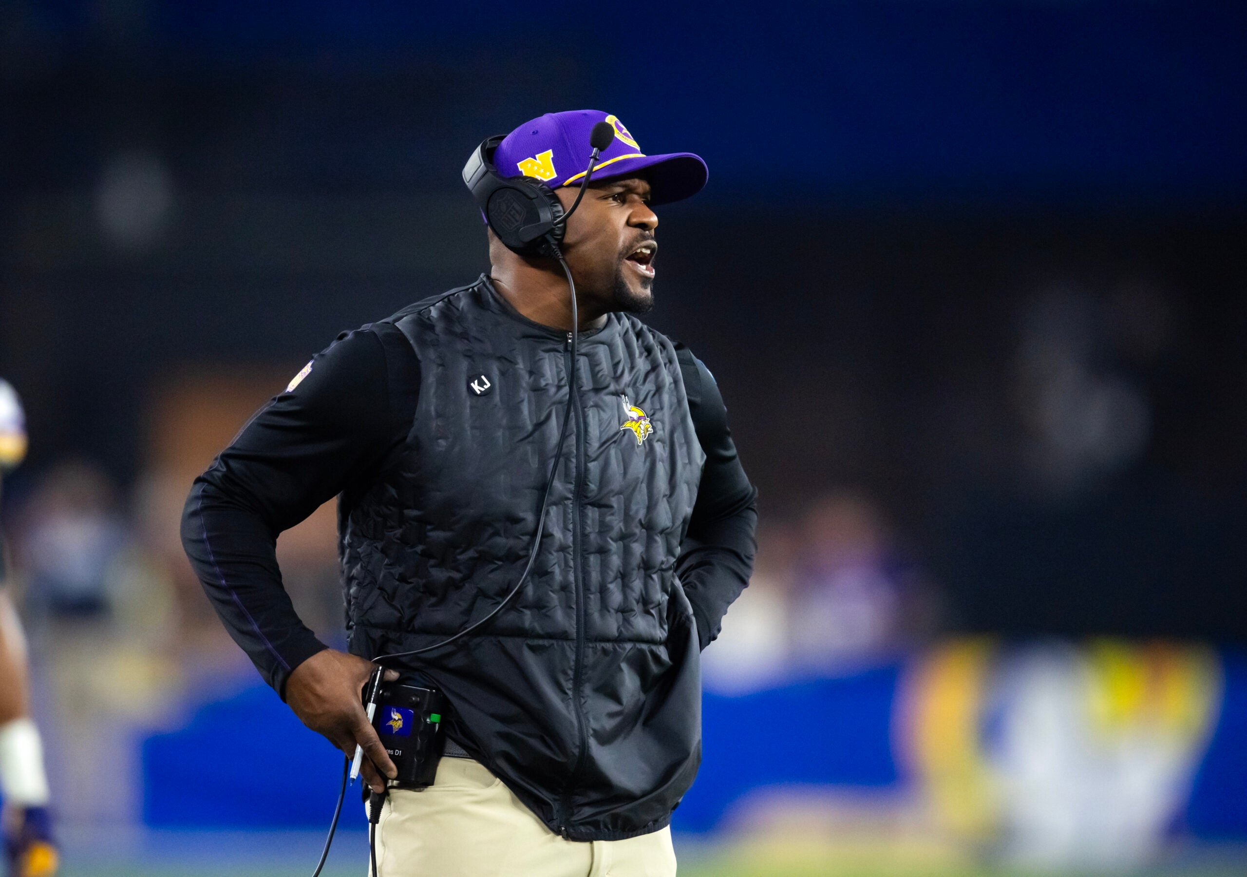 Jan 13, 2025; Glendale, AZ, USA; Minnesota Vikings defensive coordinator Brian Flores against the Los Angeles Rams during an NFC wild card game at State Farm Stadium.