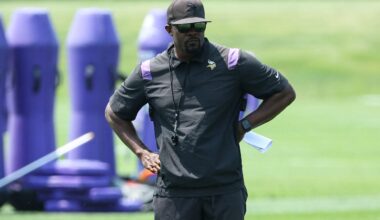 Jun 10, 2025; Minneapolis, MN, USA; Minnesota Vikings defensive coordinator Brian Flores watches practices during minicamp at the Minnesota Vikings Training Facility.
