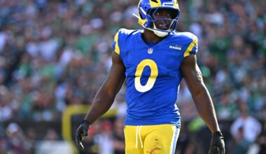 Sep 21, 2025; Philadelphia, Pennsylvania, USA; Los Angeles Rams linebacker Byron Young (0) against the Philadelphia Eagles at Lincoln Financial Field.