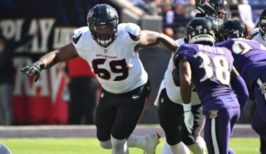 Oct 5, 2025; Baltimore, Maryland, USA; Houston Texans guard Ed Ingram (69) during play against Baltimore Ravens cornerback Keyon Martin (38) during the second quarter at M&T Bank Stadium.