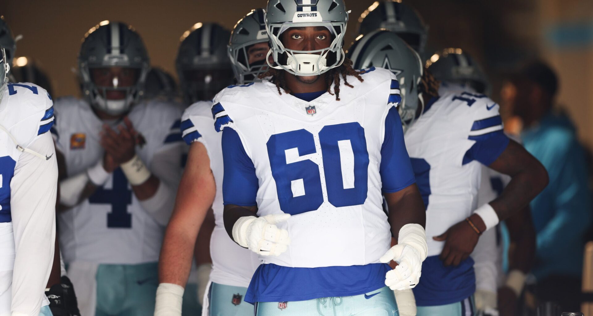 Oct 12, 2025; Charlotte, North Carolina, USA; Dallas Cowboys offensive tackle Tyler Guyton (60) prepares to enter the field prior to the game against the Carolina Panthers at Bank of America Stadium.
