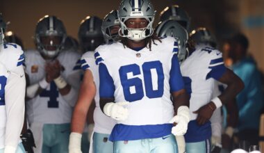 Oct 12, 2025; Charlotte, North Carolina, USA; Dallas Cowboys offensive tackle Tyler Guyton (60) prepares to enter the field prior to the game against the Carolina Panthers at Bank of America Stadium.