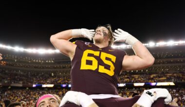 Oct 17, 2025; Minneapolis, Minnesota, USA; Minnesota Golden Gophers offensive lineman Greg Johnson (65) celebrates after the teams win against the Nebraska Cornhuskers at Huntington Bank Stadium.