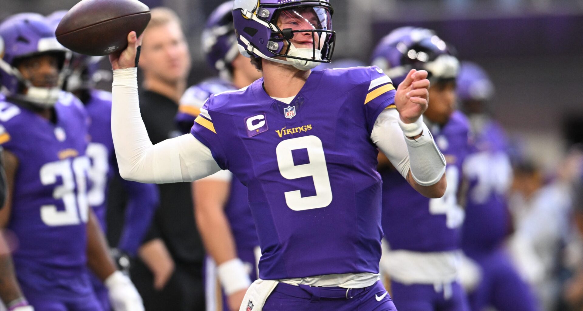 Nov 16, 2025; Minneapolis, Minnesota, USA; Minnesota Vikings quarterback J.J. McCarthy (9) warms up before a game against the Chicago Bears at U.S. Bank Stadium.