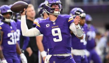 Nov 16, 2025; Minneapolis, Minnesota, USA; Minnesota Vikings quarterback J.J. McCarthy (9) warms up before a game against the Chicago Bears at U.S. Bank Stadium.