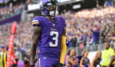 Nov 16, 2025; Minneapolis, Minnesota, USA; Minnesota Vikings wide receiver Jordan Addison (3) celebrates after scoring a touchdown during the fourth quarter against the Chicago Bears at U.S. Bank Stadium.