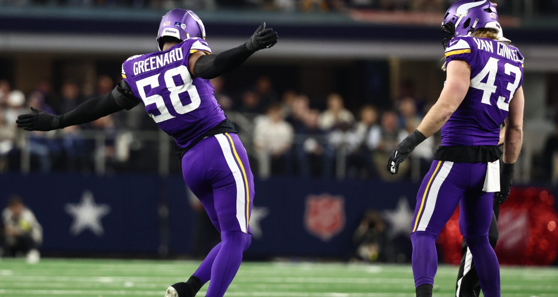 Dec 14, 2025; Arlington, Texas, USA; Minnesota Vikings linebacker Jonathan Greenard (58) and Minnesota Vikings linebacker Andrew van Ginkel (43) celebrate after a play during the first half against the Dallas Cowboys at AT&T Stadium.
