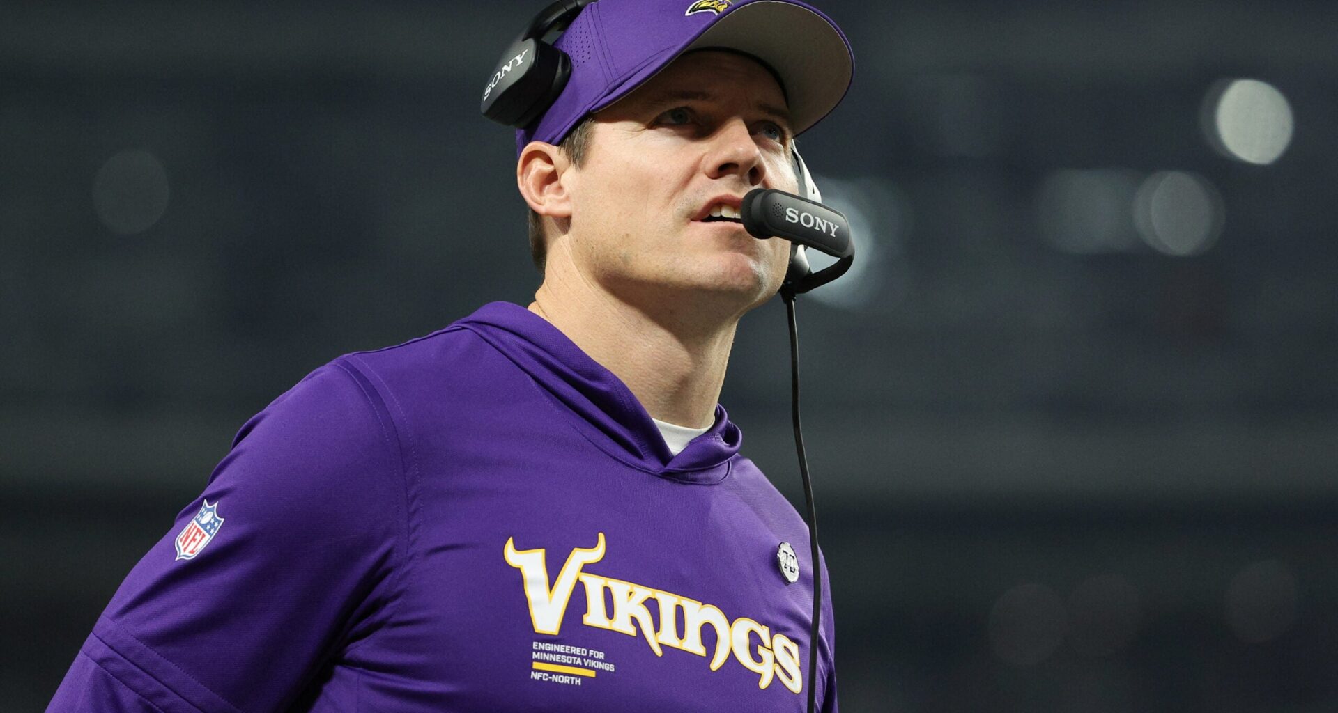 Dec 25, 2025; Minneapolis, Minnesota, USA; Minnesota Vikings head coach Kevin O'Connell looks on in the second quarter against the Detroit Lions at U.S. Bank Stadium.