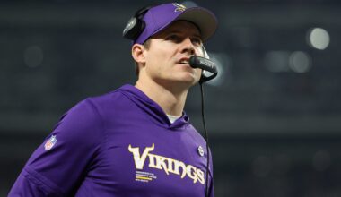 Dec 25, 2025; Minneapolis, Minnesota, USA; Minnesota Vikings head coach Kevin O'Connell looks on in the second quarter against the Detroit Lions at U.S. Bank Stadium.