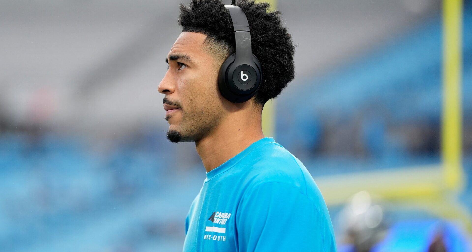 Dec 28, 2025; Charlotte, North Carolina, USA; Carolina Panthers quarterback Bryce Young (9) looks on during warmups before the game against the Seattle Seahawks at Bank of America Stadium.