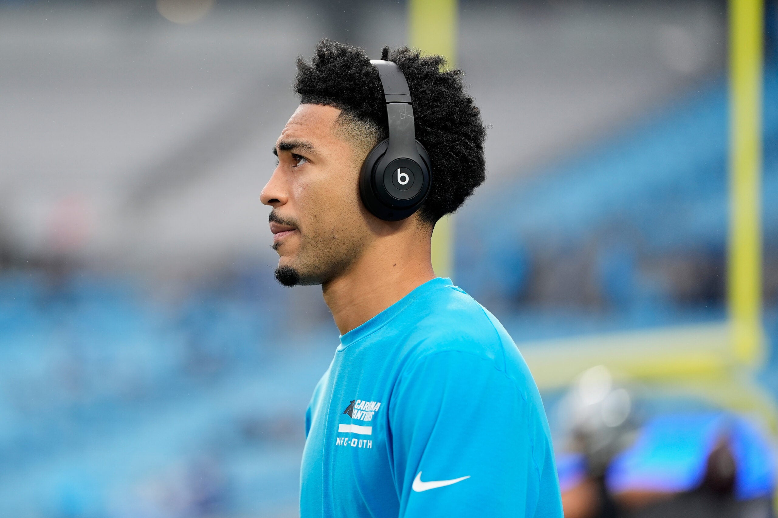 Dec 28, 2025; Charlotte, North Carolina, USA; Carolina Panthers quarterback Bryce Young (9) looks on during warmups before the game against the Seattle Seahawks at Bank of America Stadium.