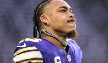 Jan 4, 2026; Minneapolis, Minnesota, USA; Minnesota Vikings wide receiver Justin Jefferson (18) warms up prior to the game against the Green Bay Packers at U.S. Bank Stadium.