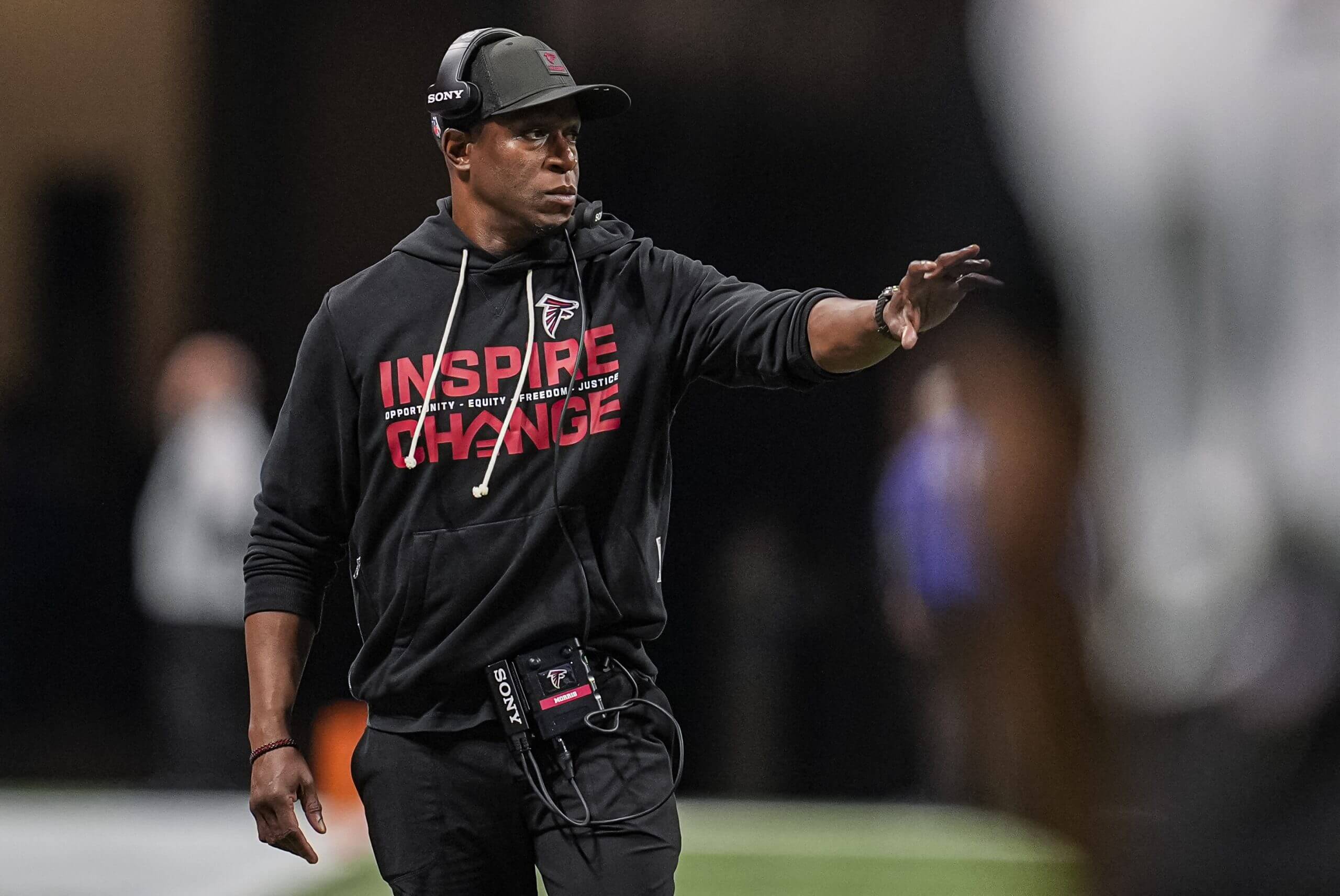 Then-Atlanta Falcons head coach Raheem Morris on the sideline during the game against the New Orleans Saints. He's now the San Francisco 49ers defensive coordinator.