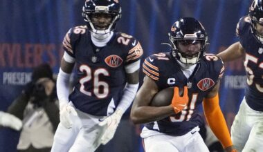 Jan 4, 2026; Chicago, Illinois, USA; Chicago Bears safety Kevin Byard III (31) runs with the ball after making an interception against the Detroit Lions during the second half at Soldier Field.