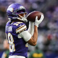 Jan 4, 2026; Minneapolis, Minnesota, USA; Minnesota Vikings wide receiver Justin Jefferson (18) warms up prior to the game against the Green Bay Packers at U.S. Bank Stadium.