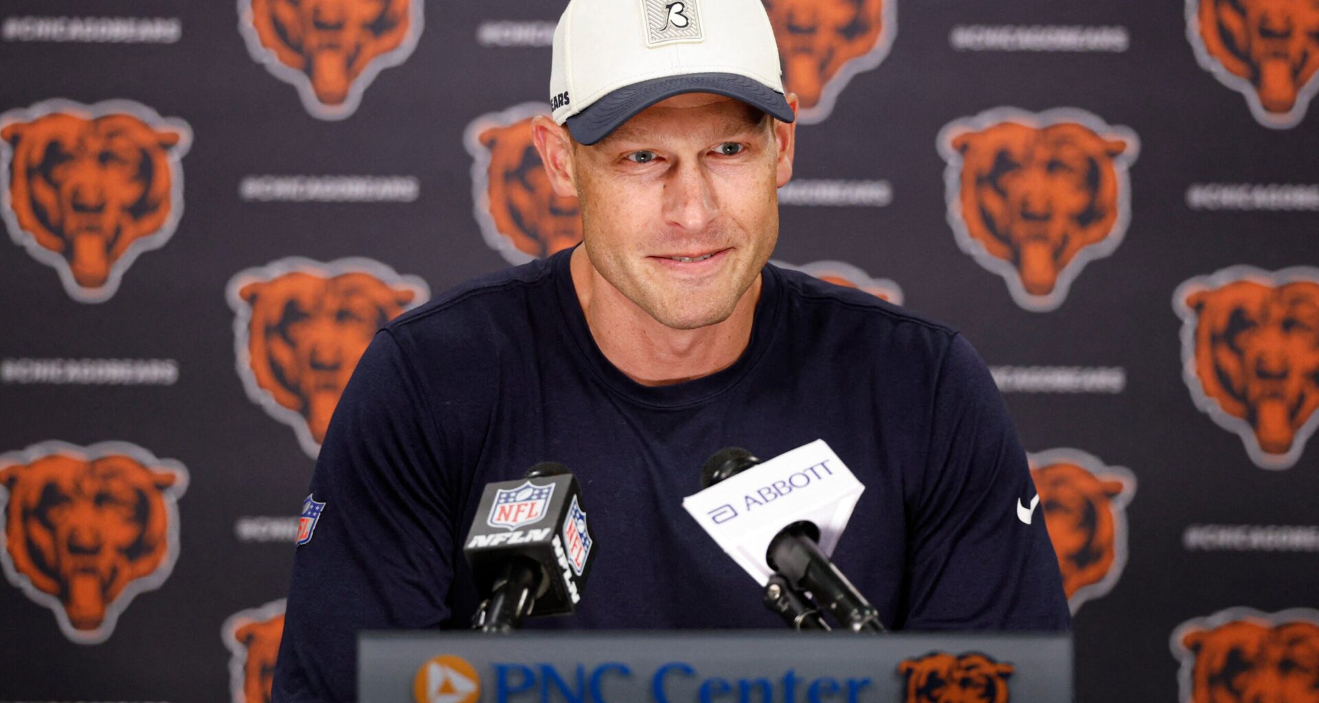 Jun 9, 2026; Lake Forest, IL, USA; Chicago Bears head coach Ben Johnson speaks during Minicamp at Halas Hall.