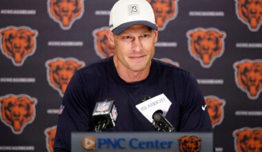 Jun 9, 2026; Lake Forest, IL, USA; Chicago Bears head coach Ben Johnson speaks during Minicamp at Halas Hall.