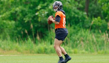 Jun 9, 2026; Lake Forest, IL, USA; Chicago Bears quarterback Caleb Williams (18) looks to pass the ball during Chicago Bears Minicamp at Halas Hall.