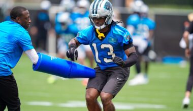 Jun 9, 2026; Charlotte, NC, USA; Carolina Panthers wide receiver John Metchie III (13) practices and avoidance drill during the first day of mini camp at Bank of America Stadium practice facility.