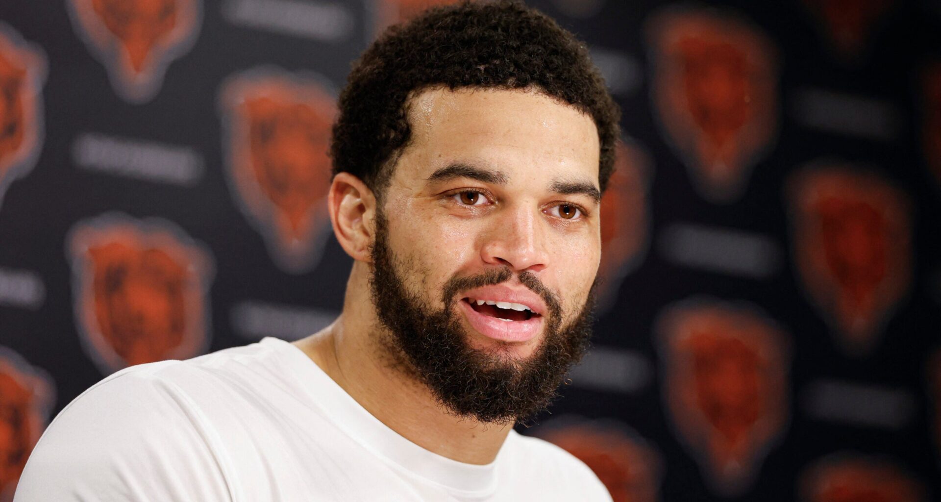 Jun 11, 2026; Lake Forest, IL, USA; Chicago Bears quarterback Caleb Williams (18) speaks during Minicamp at Halas Hall.