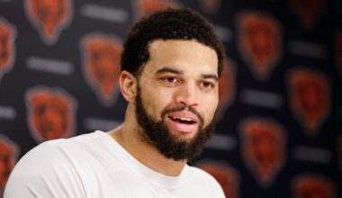 Jun 11, 2026; Lake Forest, IL, USA; Chicago Bears quarterback Caleb Williams (18) speaks during Minicamp at Halas Hall.