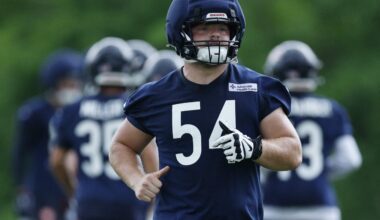 Jun 11, 2026; Lake Forest, IL, USA; Chicago Bears offensive lineman Logan Jones (54) runs on the field during Minicamp at Halas Hall.