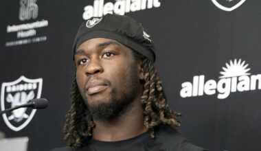 Raiders running back Ashton Jeanty takes questions during a news conference following an NFL fo ...