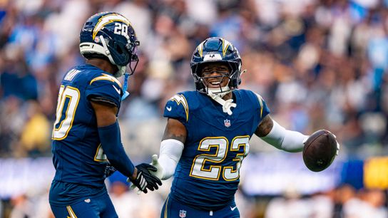 Los Angeles Chargers safety, Tony Jefferson (23) celebrates an interception during an NFL football game against the Las Vegas Raiders on November 30, 2025 in Los Angeles, CA.