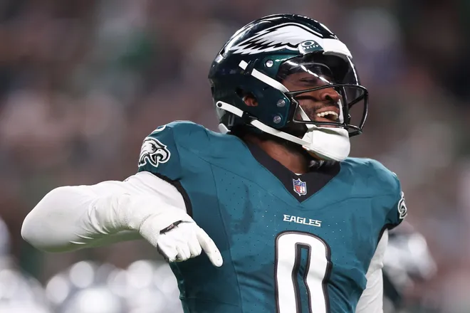 Sep 4, 2025; Philadelphia, Pennsylvania, USA; Philadelphia Eagles linebacker Joshua Uche (0) reacts after a play against the Dallas Cowboys during the first quarter of the game at Lincoln Financial Field. Mandatory Credit: Bill Streicher-Imagn Images