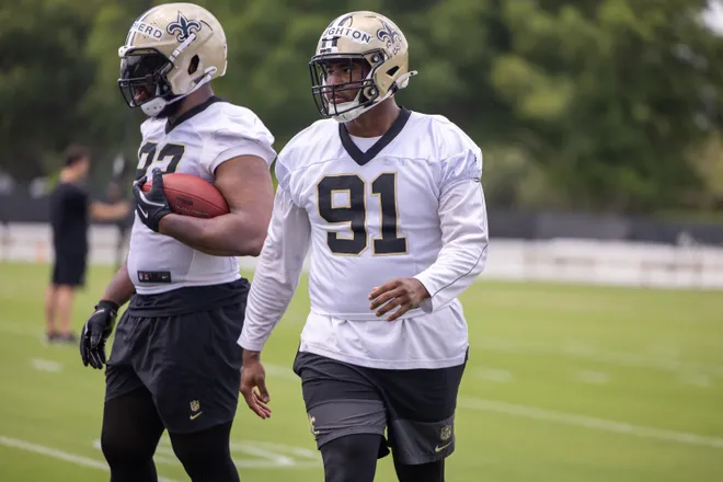 Jun 10, 2025; New Orleans, LA, USA; New Orleans Saints defensive tackle Vernon Broughton (91) warms up during minicamp at Ochsner Sports Performance Center. Mandatory Credit: Stephen Lew-Imagn Images