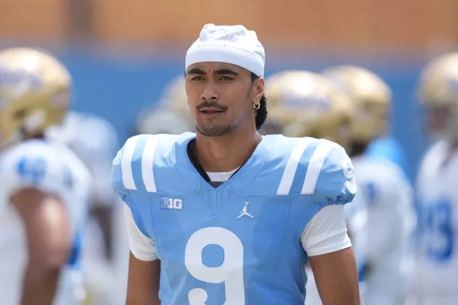 May 2, 2026; Pasadena, CA, USA; UCLA Bruins quarterback Nico Iamaleava (9) reacts during the spring game at Rose Bowl. Mandatory Credit: Kirby Lee-Imagn Images