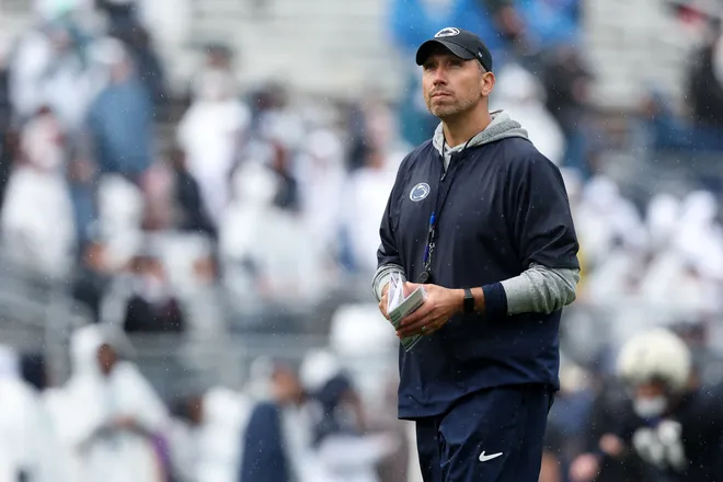 Apr 25, 2026; University Park, PA, USA; Penn State Nittany Lions head coach Matt Campbell looks on from the field during the Penn State Blue-White Spring game at Beaver Stadium. Mandatory Credit: Matthew O'Haren-Imagn Images
