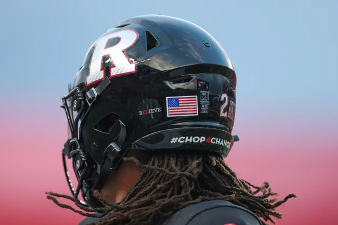 Oct 7, 2022; Piscataway, New Jersey, USA; A view of the helmet worn by Rutgers Scarlet Knights quarterback Gavin Wimsatt (2) before the game against the Nebraska Cornhuskers at SHI Stadium. Mandatory Credit: Vincent Carchietta-USA TODAY Sports