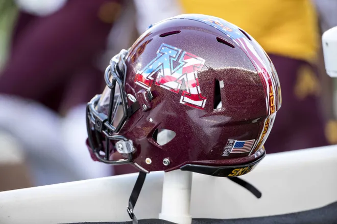 Nov 11, 2017; Minneapolis, MN, USA; A Minnesota Golden Gophers helmets celebrating Veterans Day is seen during a game against the Nebraska Cornhuskers at TCF Bank Stadium. Mandatory Credit: Jesse Johnson-USA TODAY Sports