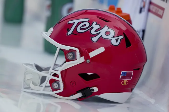 Sep 20, 2025; Madison, Wisconsin, USA; General view of a Maryland Terrapins helmet during warmups prior to the game against the Wisconsin Badgers at Camp Randall Stadium. Mandatory Credit: Jeff Hanisch-Imagn Images