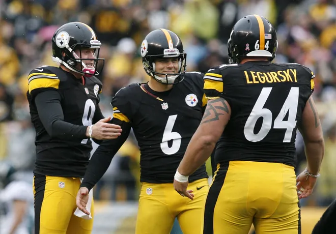 October 7, 2012; Pittsburgh, PA, USA; Pittsburgh Steelers kicker Shaun Suisham (6) is congratulated by punter Drew Butler (9) and center Doug Legursky (64) after Suisham kicked the game winning field goal as time expired to defeat the Philadelphia Eagles during the fourth quarter at Heinz Field. The Pittsburgh Steelers won 16-14. Mandatory Credit: Charles LeClaire-USA TODAY Sports