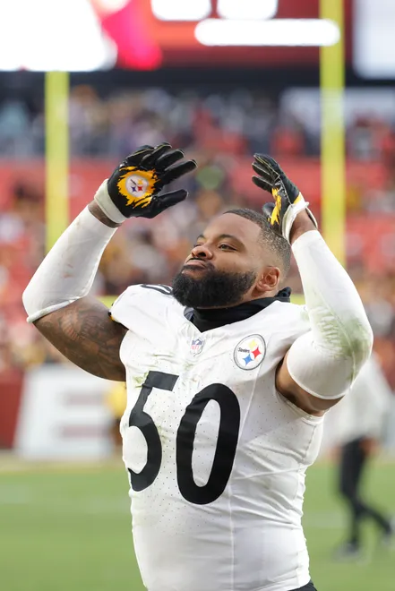 Nov 10, 2024; Landover, Maryland, USA; Pittsburgh Steelers linebacker Elandon Roberts (50) celebrates while leaving the field after defeating the Washington Commanders at Northwest Stadium. Mandatory Credit: Amber Searls-Imagn Images