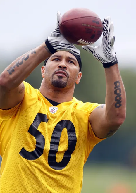 Jun 11, 2013; Pittsburgh, PA, USA; Pittsburgh Steelers linebacker Larry Foote (50) participates in pass catching drills during minicamp at the UPMC Sports Complex. Mandatory Credit: Charles LeClaire-USA TODAY Sports