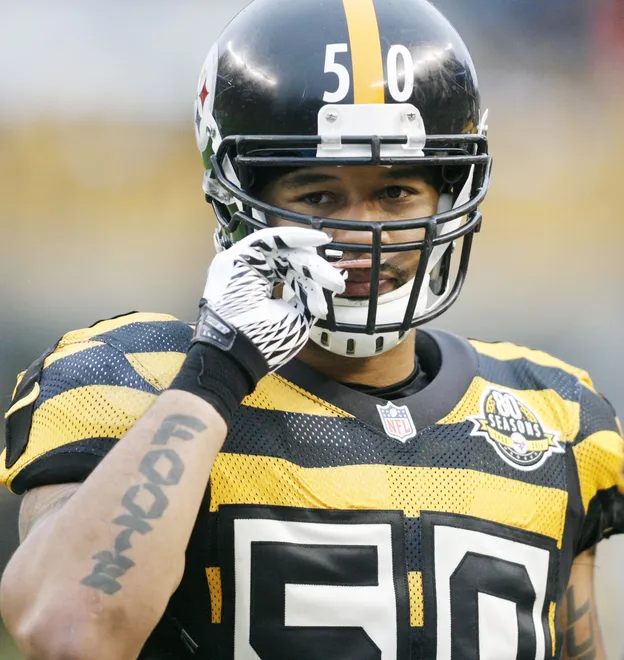 October 28, 2012; Pittsburgh, PA, USA; Pittsburgh Steelers inside linebacker Larry Foote (50) on the sidelines against the Washington Redskins during the second quarter at Heinz Field. The Pittsburgh Steelers won 27-12. Mandatory Credit: Charles LeClaire-USA TODAY Sports