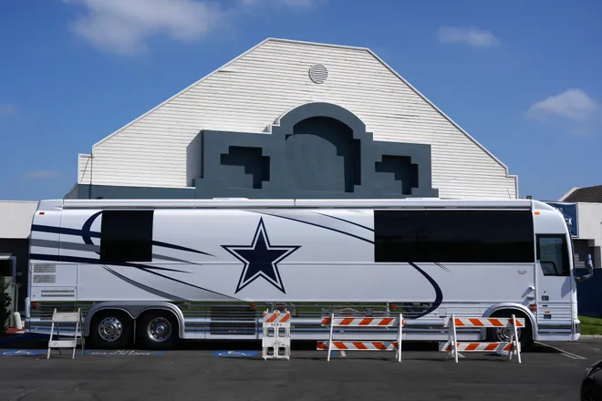 Jul 29, 2026; Oxnard, CA, USA; A mobile home with Dallas Cowboys logo at the Staybridge Suites Oxnard - River Ridge by IHG. Mandatory Credit: Kirby Lee-Imagn Images