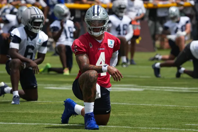 Jul 29, 2026; Oxnard, CA, USA; Dallas Cowboys quarterback Dak Prescott (4) at training camp at River Ridge Playing Fields. Mandatory Credit: Kirby Lee-Imagn Images