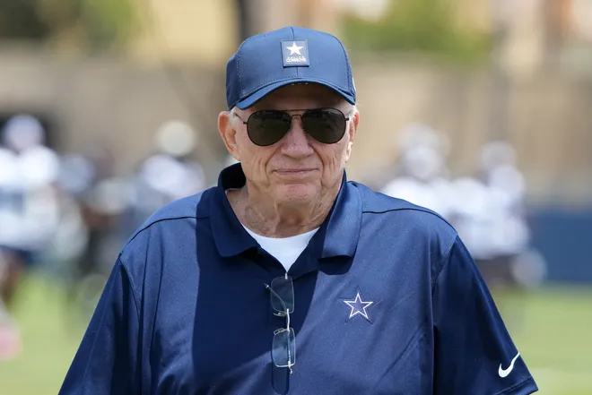 Jul 29, 2026; Oxnard, CA, USA; Dallas Cowboys owner Jerry Jones at training camp at River Ridge Playing Fields. Mandatory Credit: Kirby Lee-Imagn Images