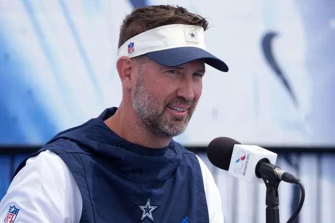 Jul 29, 2026; Oxnard, CA, USA; Dallas Cowboys Cowboys coach Brian Schottenheimer at training camp press conference at River Ridge Playing Fields. Mandatory Credit: Kirby Lee-Imagn Images