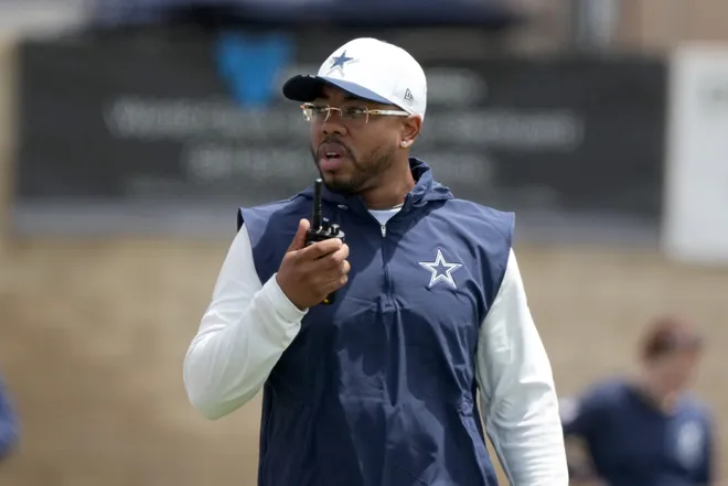 Jul 29, 2026; Oxnard, CA, USA; Dallas Cowboys defensive coordinator Christian Parker at training camp at River Ridge Playing Fields. Mandatory Credit: Kirby Lee-Imagn Images