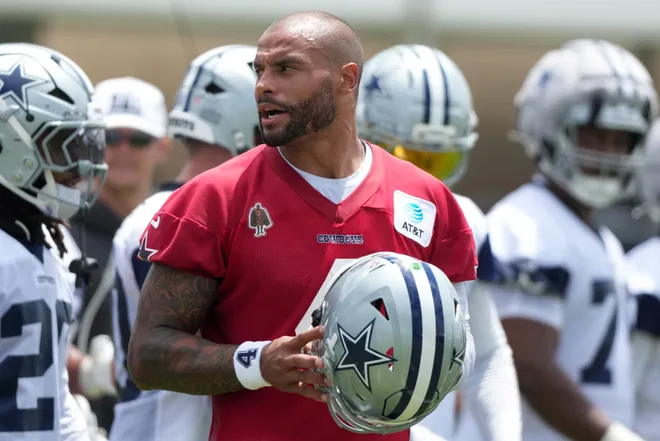 Jul 29, 2026; Oxnard, CA, USA; Dallas Cowboys quarterback Dak Prescott (4) at training camp at River Ridge Playing Fields. Mandatory Credit: Kirby Lee-Imagn Images