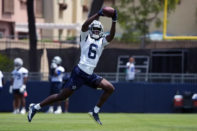 Jul 29, 2026; Oxnard, CA, USA; Dallas Cowboys receiver Camden Brown (6) catches the ball at training camp at River Ridge Playing Fields. Mandatory Credit: Kirby Lee-Imagn Images