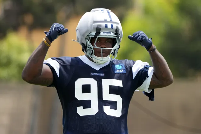 Jul 29, 2026; Oxnard, CA, USA; Dallas Cowboys defensive tackle Tommy Dunn (95) wears a Guardian helmet cap at training camp at River Ridge Playing Fields. Mandatory Credit: Kirby Lee-Imagn Images