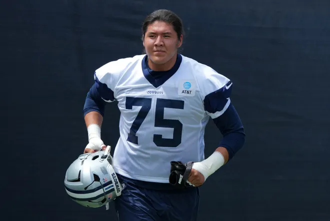 Jul 29, 2026; Oxnard, CA, USA; Dallas Cowboys tackle Shiyazh Pete (75) at training camp at River Ridge Playing Fields. Mandatory Credit: Kirby Lee-Imagn Images