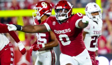 Aug 30, 2024; Norman, Oklahoma, USA; Oklahoma Sooners defensive lineman David Stone (0) reacts during the second half against the Temple Owls at Gaylord Family-Oklahoma Memorial Stadium.